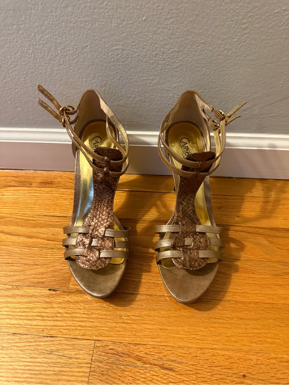 Carlos Santana Metallic Bronze Strappy T‑Bar Heels